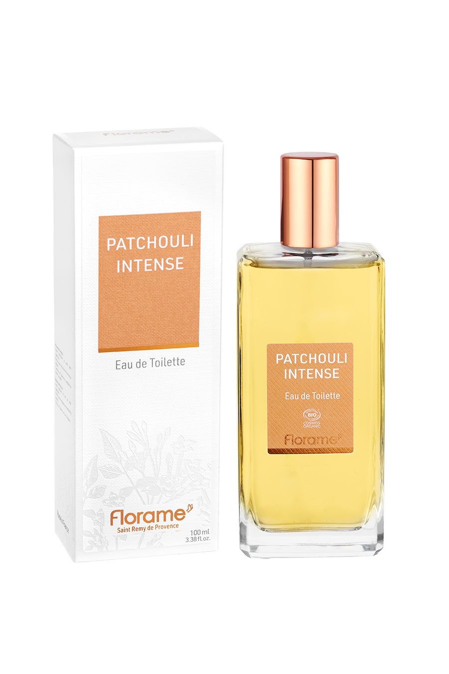 Eine Flasche und eine Schachtel Eau de Toilette. Auf der Flasche und der Schachtel steht "Patchouli Intense". Die Marke ist Florame.