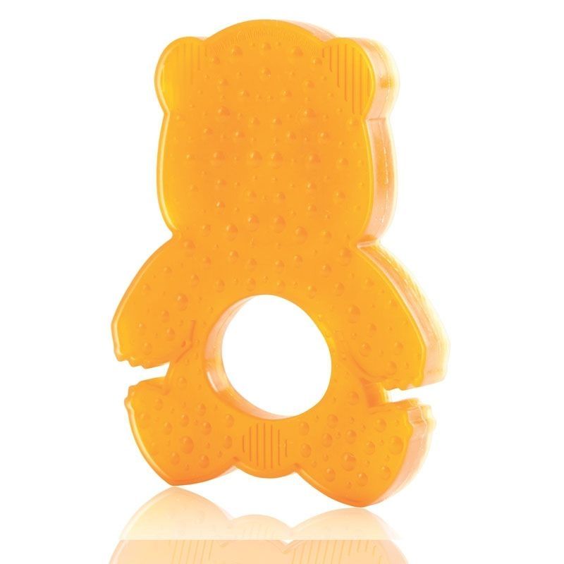 Gelber Panda-Beißring aus Naturkautschuk. Bärenform mit Loch in der Mitte. Oberfl",che mit kleinen Noppen.