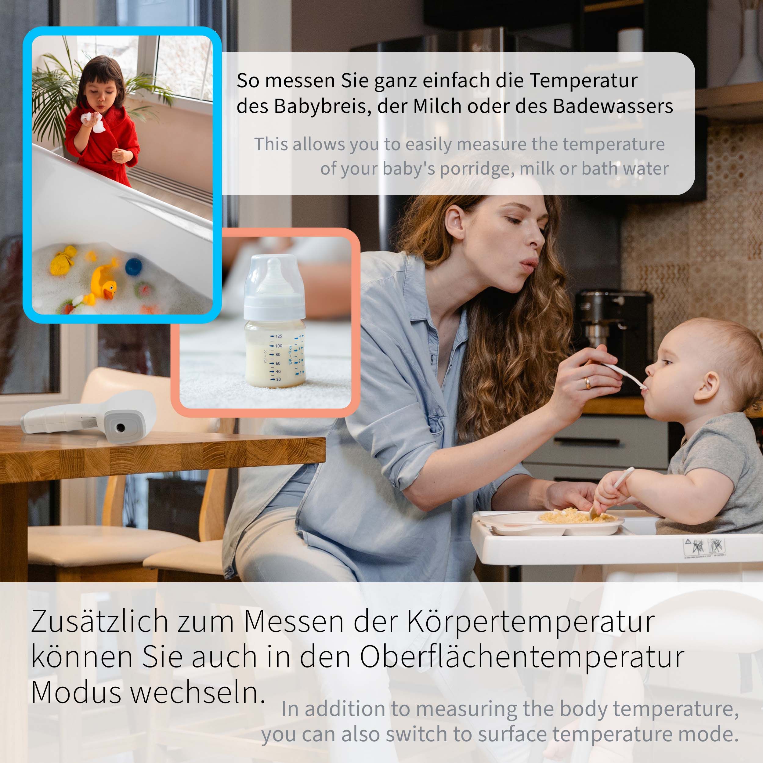 Thermometer misst Temperatur von Babybrei, Milch und Badewasser; wechselt zu Oberflächenmodus.
