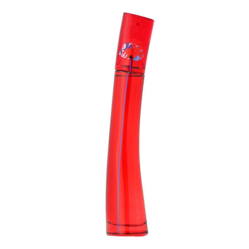 Roter Flakon mit blauer Linie. Flakon mit roter Kappe und floralem Design. Aufschrift nicht lesbar.