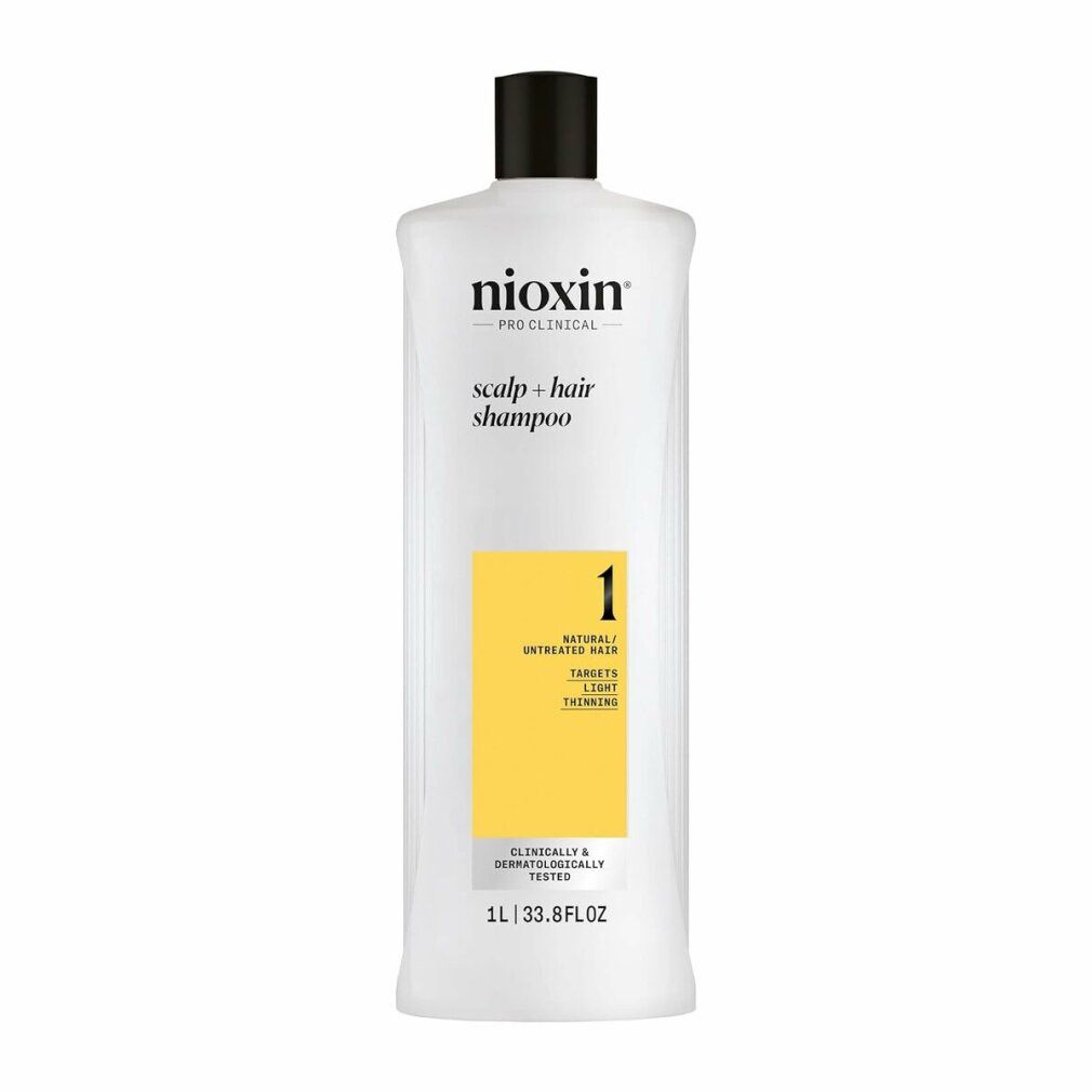 Weißes Shampoo mit schwarzem Deckel. Aufschrift: Nioxin, Scalp + Hair Shampoo, 1. Gelbes Etikett mit Text. 1L/33.8 fl.oz.