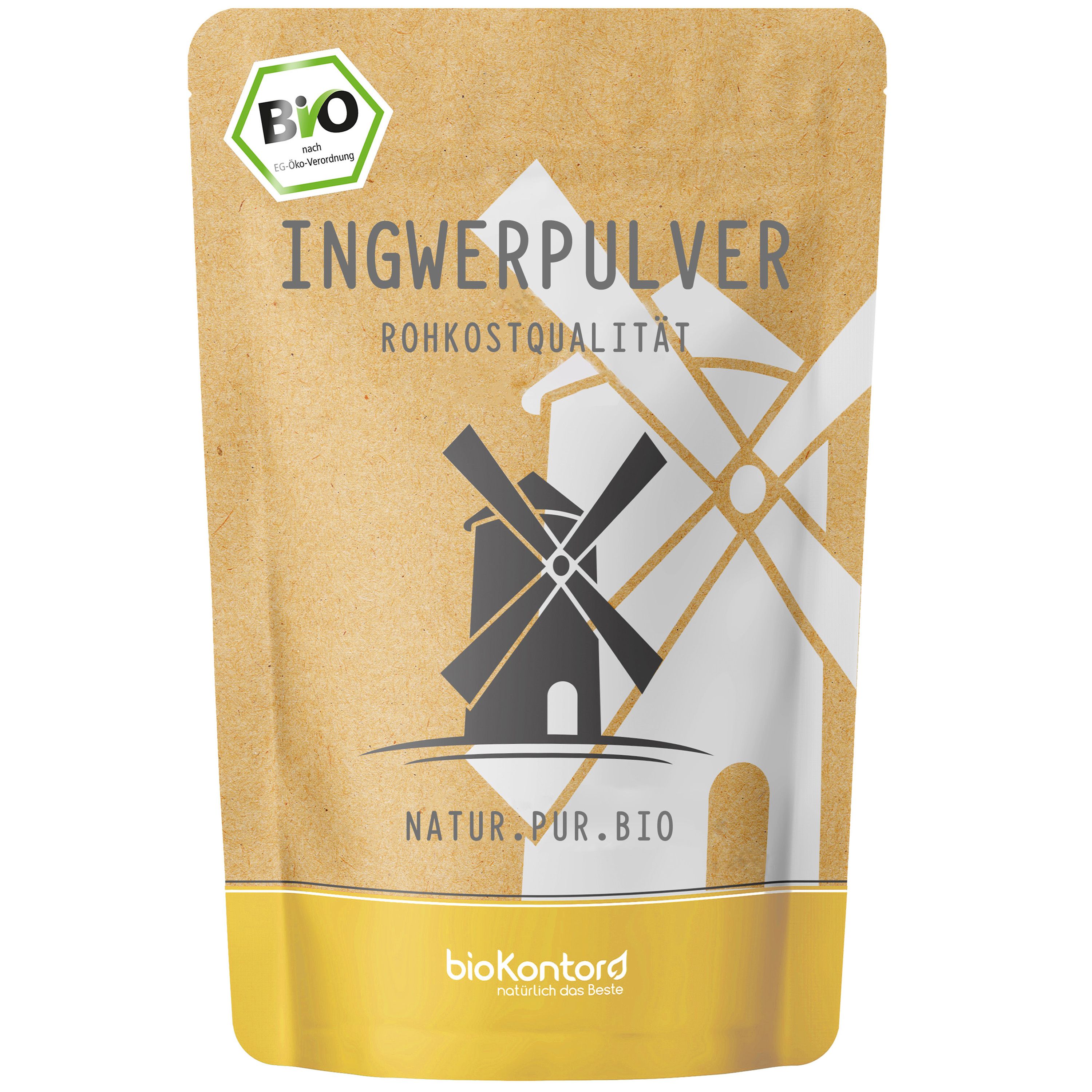 Braune Tüte mit Ingwerpulver. Logo: Windmühle, Text: Ingwerpulver, Rohkostqualität, Natur.Pur.Bio. Label: Bio.