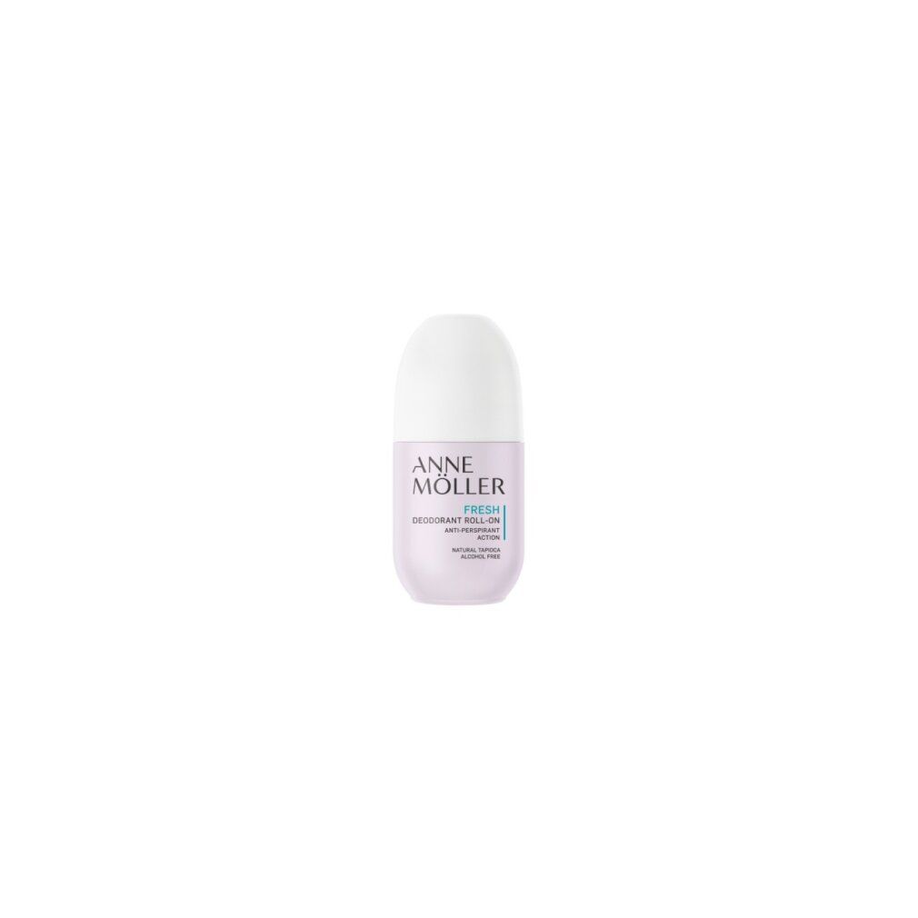 Deo-Roller, weißer Deckel, rosa Körper. Schriftzug: ANNE MÖLLER, FRESH, Deodorant Roll-On, Anti-Perspirant Action, Natural Tapioca, Alcohol Free.