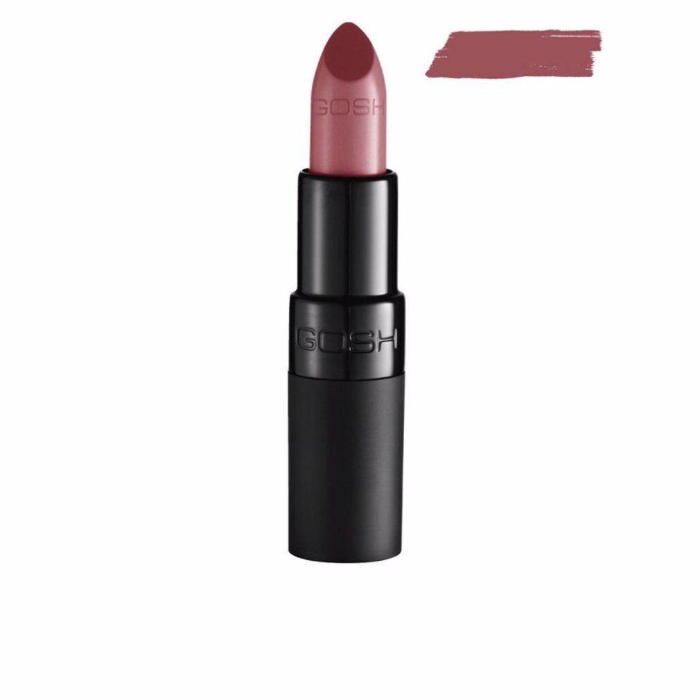 Lippenstift mit schwarzer Hülse. Rosa Lippenstiftfarbe und Farbmuster daneben. GOSH-Schriftzug auf dem Stift.