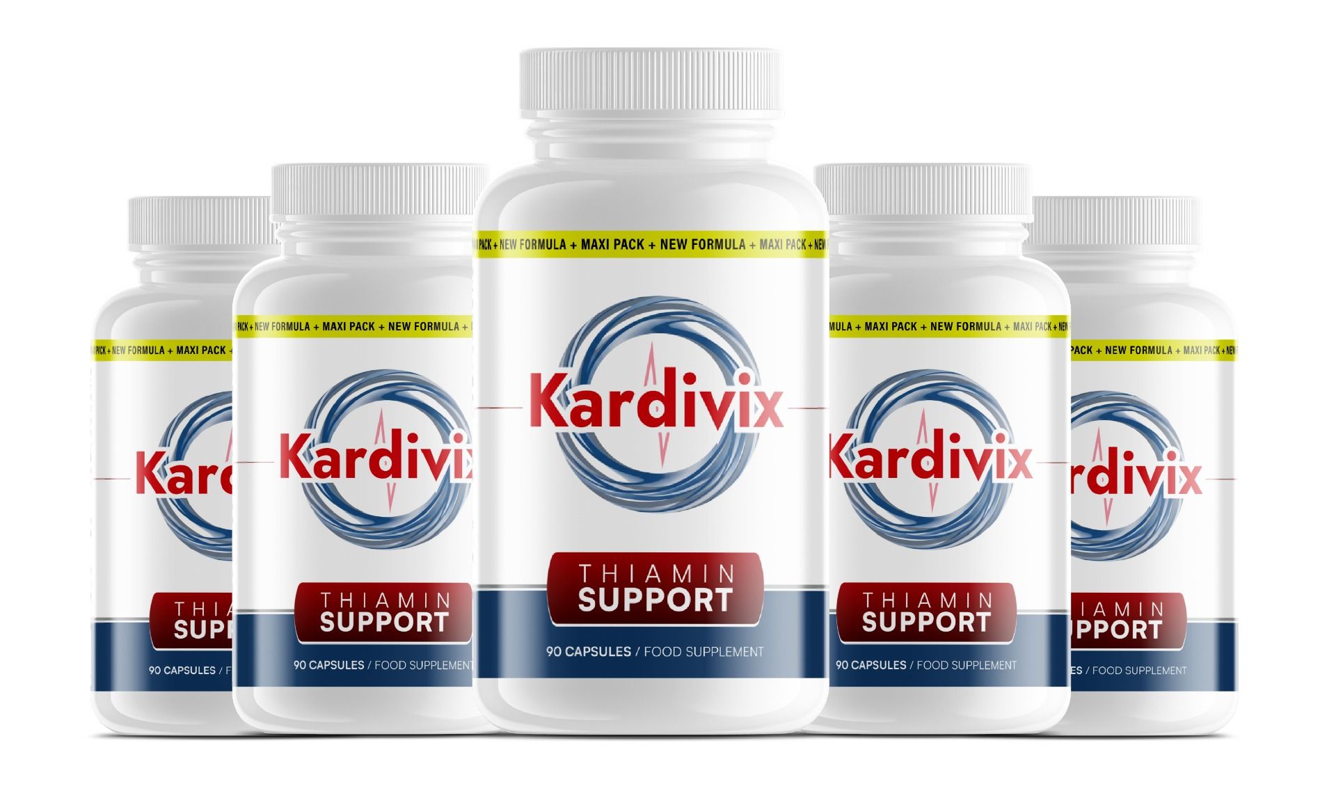 Fünf Flaschen Kardivix Thiamin-Unterstützung, 90 Kapseln pro Flasche.