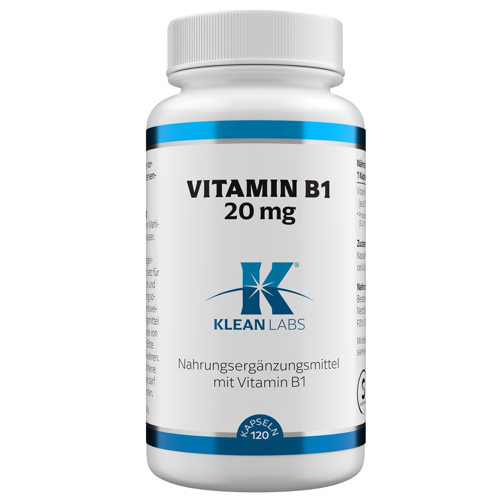 Weiße Flasche mit blauem Etikett. Aufschrift: Vitamin B1 20 mg, Klean Labs. Nahrungsergänzungsmittel mit Vitamin B1. 120 Kapseln.