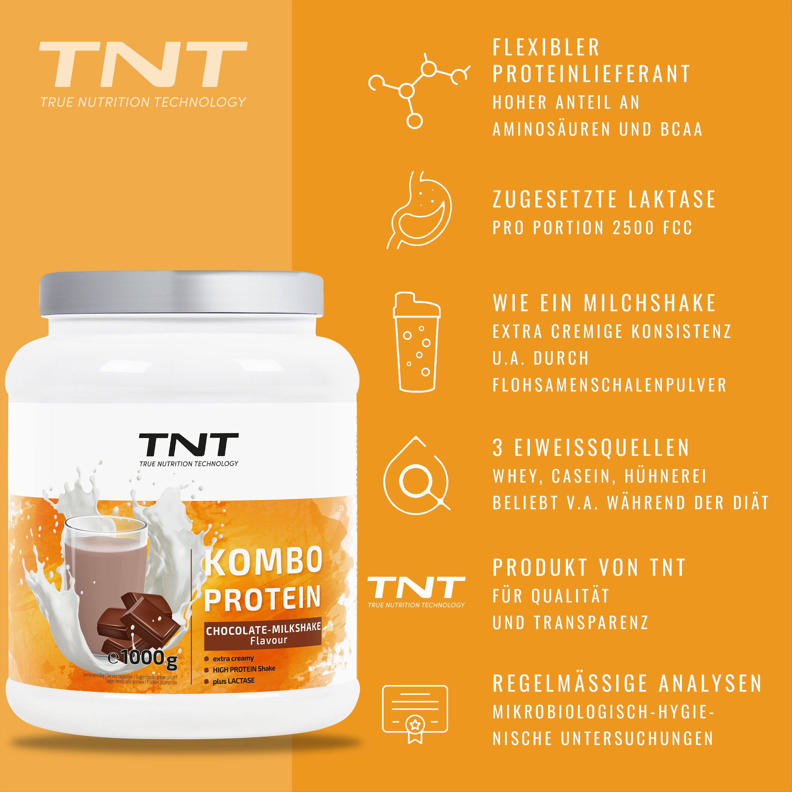 Weißes TNT Kombo Protein-Behälter mit gelbem Hintergrund. Text: Kombo Protein, Chocolate Milkshake Flavour. Zusätzliche Informationen und Logos.