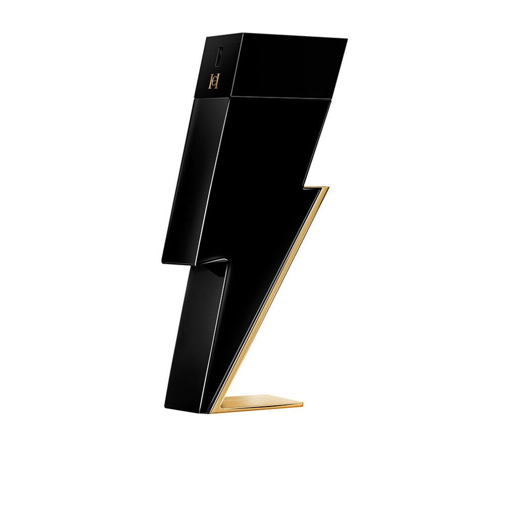 Schwarzer Flakon in Blitzform mit goldenen Akzenten. Das Logo 'H' ist sichtbar. Steht auf einer goldenen Basis.