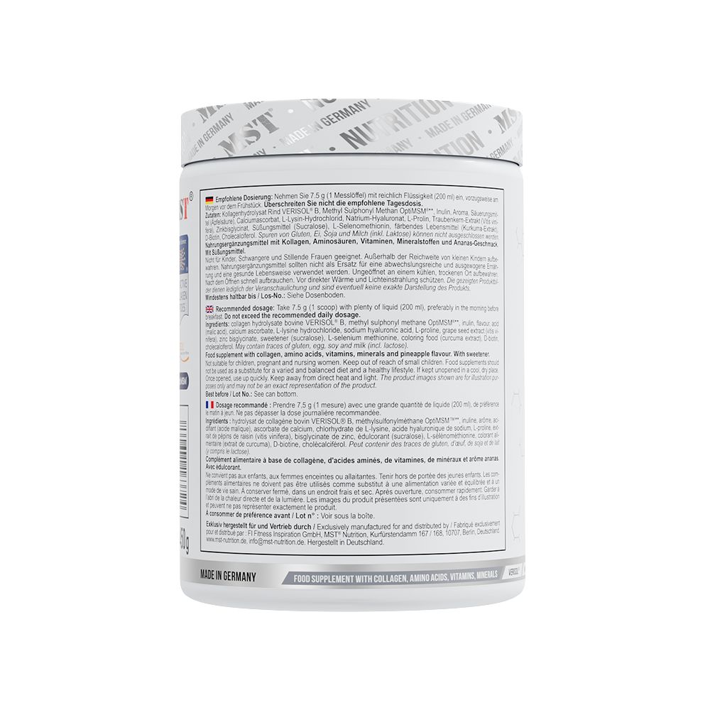 Rückseite eines MST Beauty Collagen Behälters mit Anwendungshinweisen in mehreren Sprachen, inkl. Deutsch.