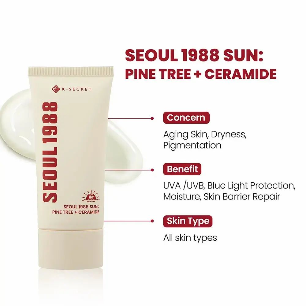 Infografik: SEOUL 1988 SUN: PINE TREE + CERAMIDE. Angaben zu Anliegen, Nutzen und Hauttyp.