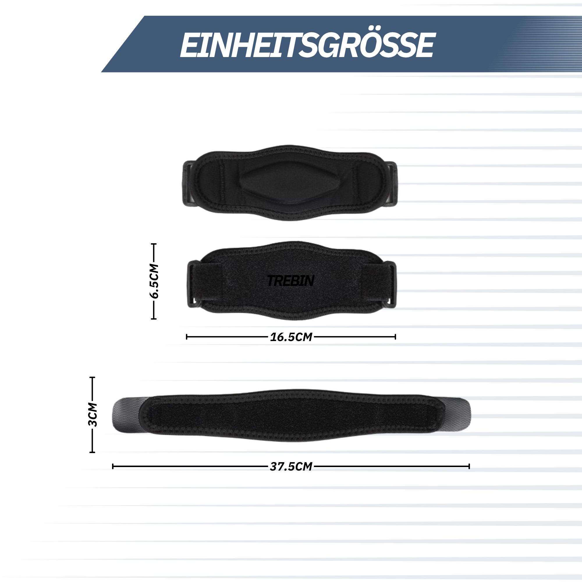 Drei schwarze Bandagen mit Klettverschluss in verschiedenen Größen: 16,5cm, 37,5cm und eine kleinere, 6,5cm hohe.