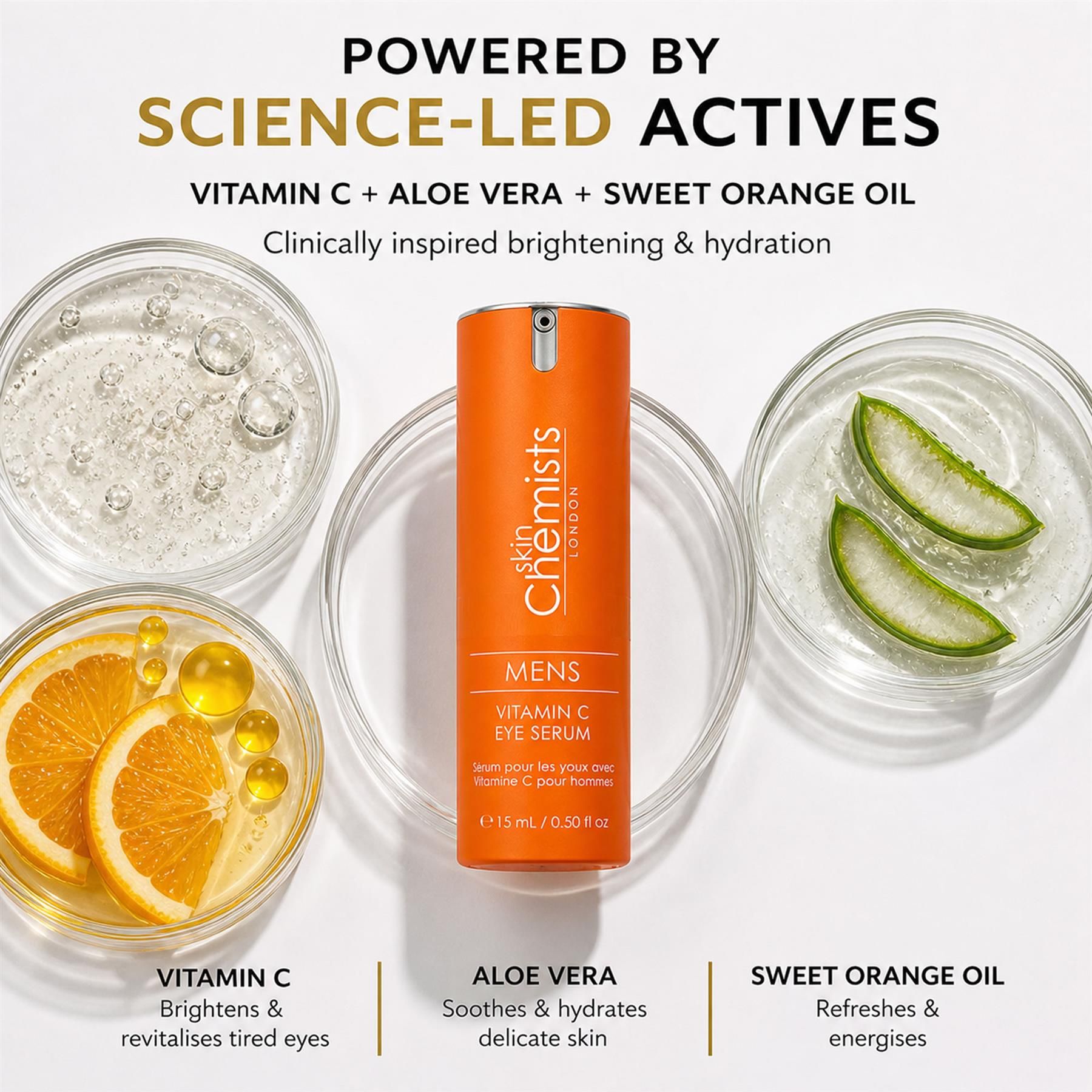 Ein Pumpspender 'MENS VITAMIN C EYE SERUM' umgeben von Vitamin C, Aloe Vera und Orangenscheiben.