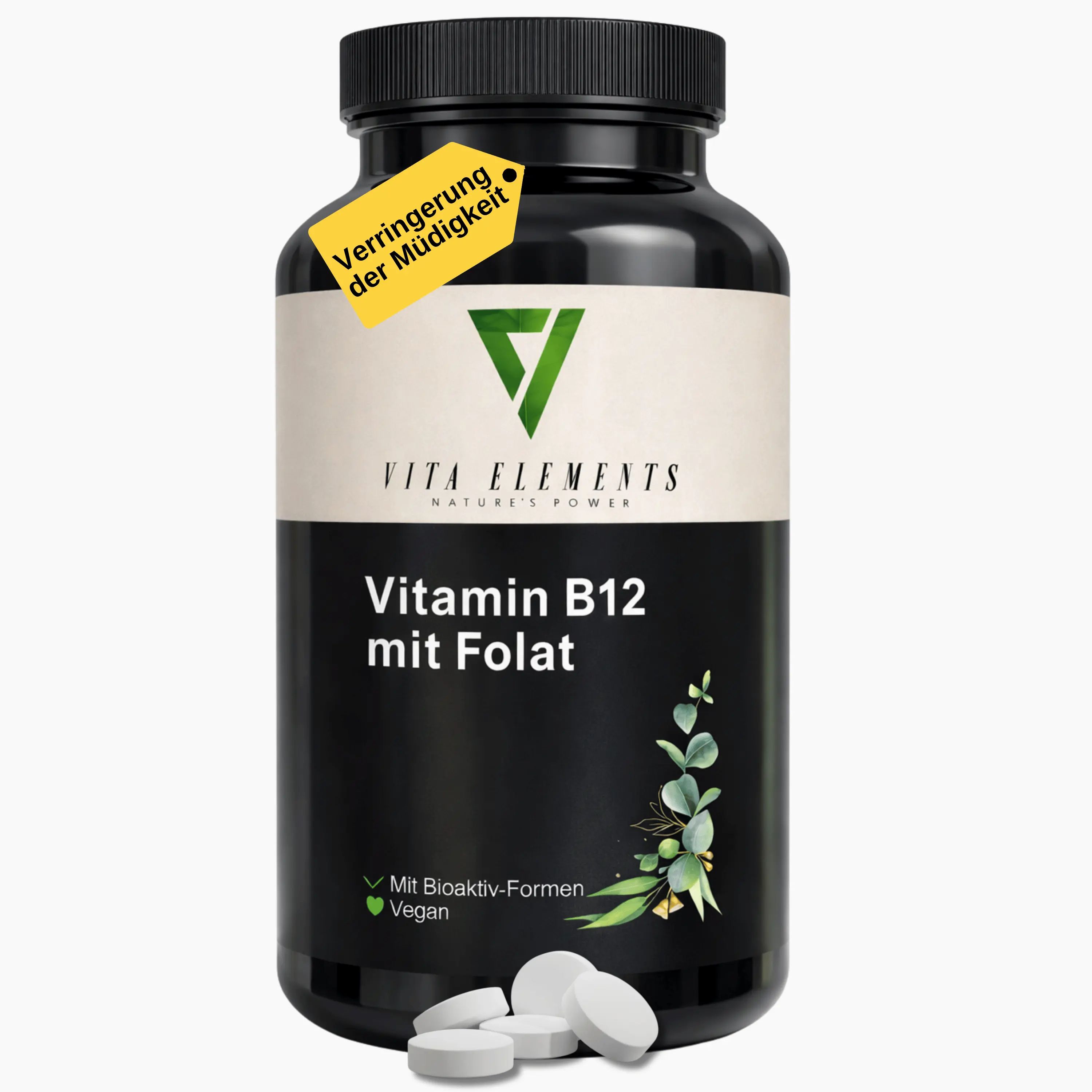 Schwarzer Behälter mit Vita Elements Vitamin B12 mit Folat Tabletten und gelbem Aufkleber.
