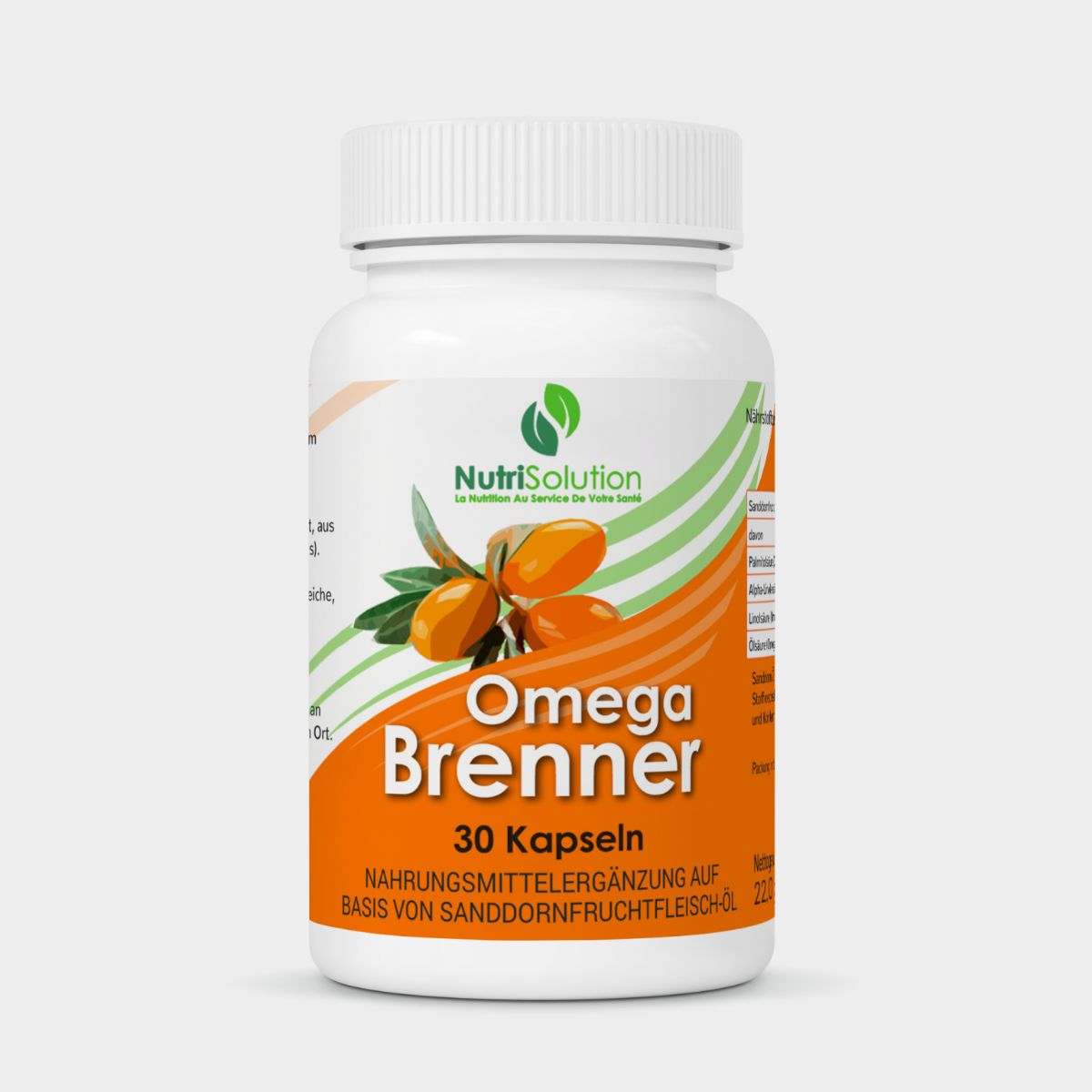 NutriSolution Omega Brenner Kapseln: Weißer Behälter mit orangefarbenem Etikett, das Sanddornfrüchte zeigt.