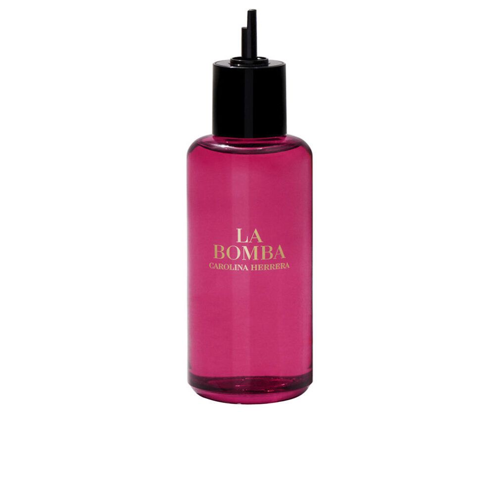 Rosa Flakon mit schwarzem Verschluss. Aufschrift: LA BOMBA, CAROLINA HERRERA.