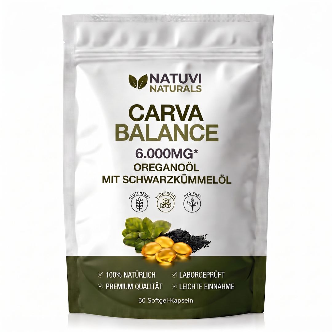 Standbodenbeutel mit NATUVI NATURALS Logo, Produktname CARVA BALANCE, Oreganoöl und Schwarzkümmelöl.