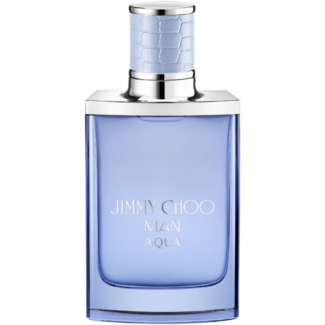 Hellblaues Parfümflakon mit silbernem Verschluss. Aufschrift: JIMMY CHOO MAN AQUA. Quadratische Form.