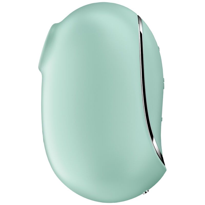 Mintgrüner Vibrator mit silbernem Rand, Seitenansicht.