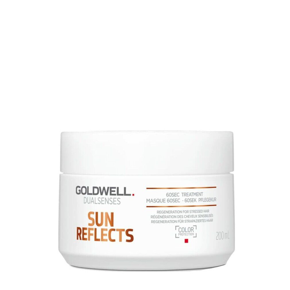 Weißer Tiegel Goldwell Dualsenses Sun Reflects. Aufschrift Sun Reflects, 60sec Treatment, Color Protection. 200ml.
