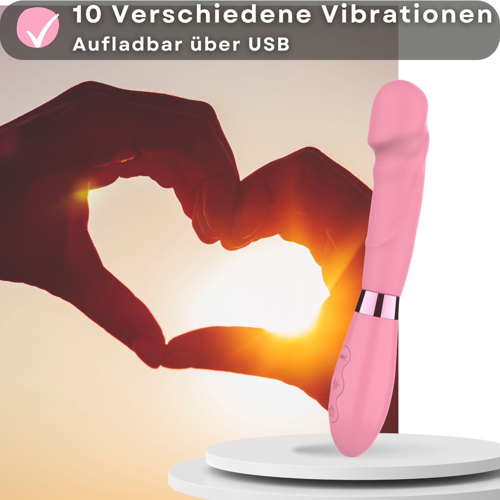 Rosa Vibrator. 21 cm lang, 3,5 cm Durchmesser. Silikon und ABS-Kunststoff. Wiederaufladbar. 10 Vibrationsmodi.