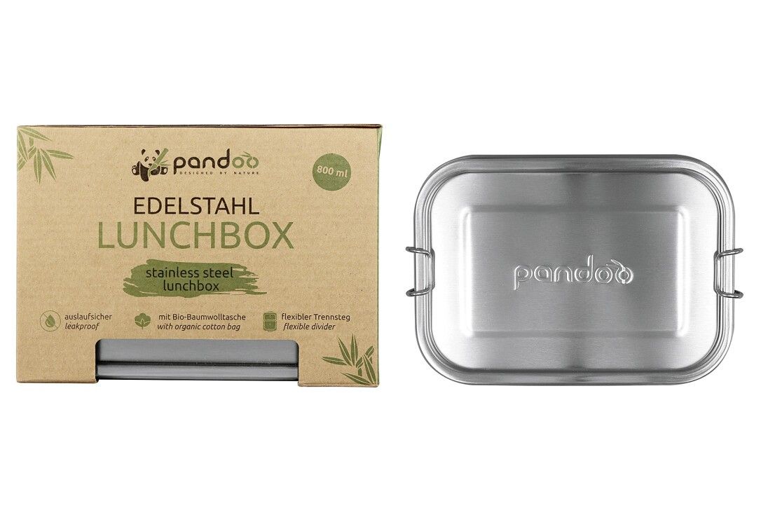 Edelstahl Lunchbox und Verpackung. Rechteckige Lunchbox mit Deckel und zwei Verschlüssen. Verpackung mit Produktnamen und Logo.