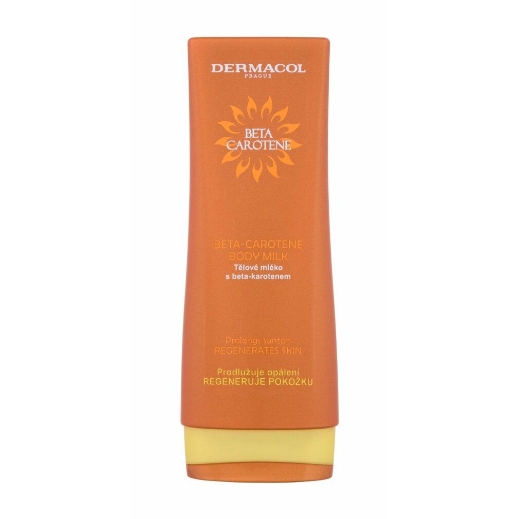 Orangefarbene Tube mit gelbem Verschluss. Aufschrift: Dermacol, Beta Carotene Body Milk. Text in mehreren Sprachen.