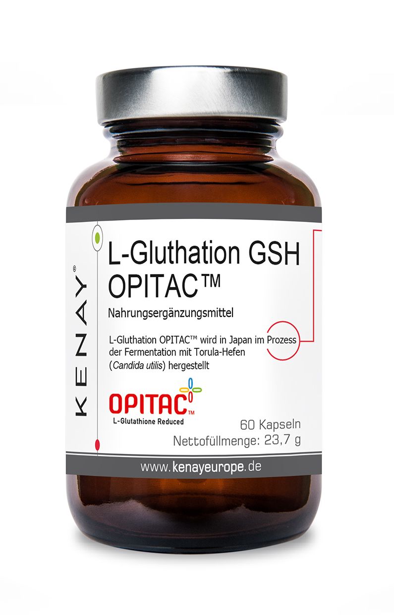Braune Glasflasche mit L-Gluthation GSH OPITAC™ Kapseln. Etikett mit Produktinformationen und KENAY® Logo. 60 Kapseln.