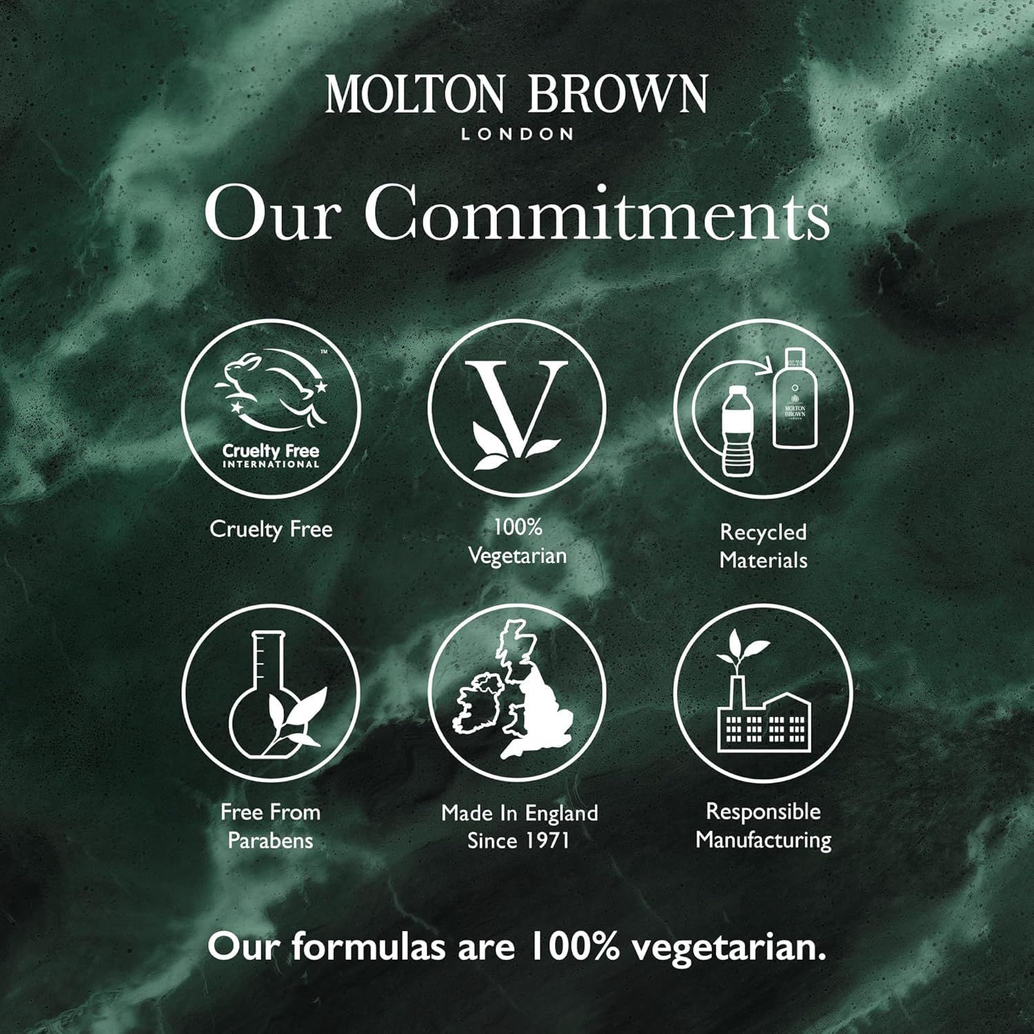 Molton Brown: Tierversuchsfrei, vegetarisch, recycelte Materialien, parabenfrei, in England hergestellt.