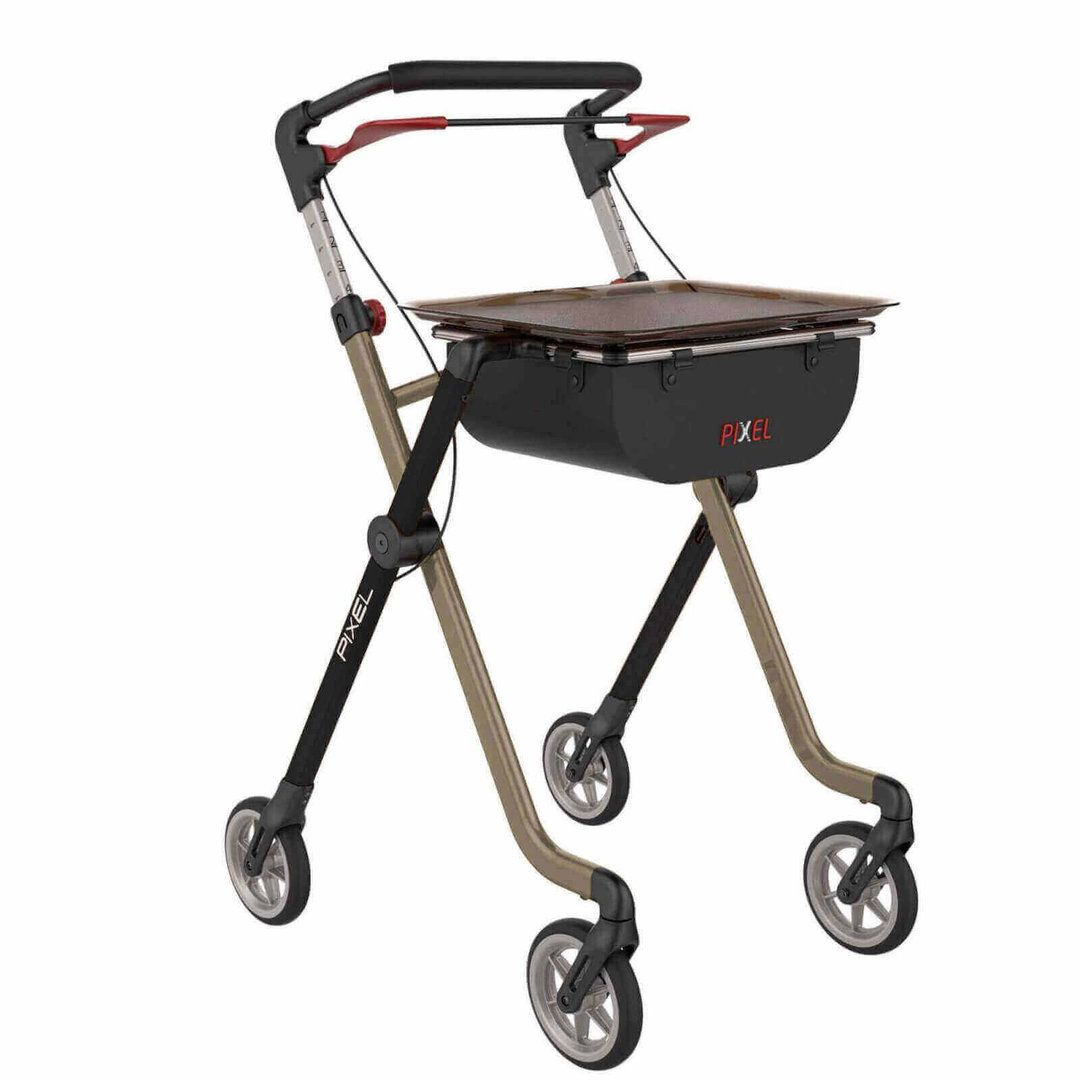 Rollator in Schwarz und Champagner mit Tablett und Korb. Vier Räder, Handgriffe mit roten Bremsen. "Pixel" Schriftzug.