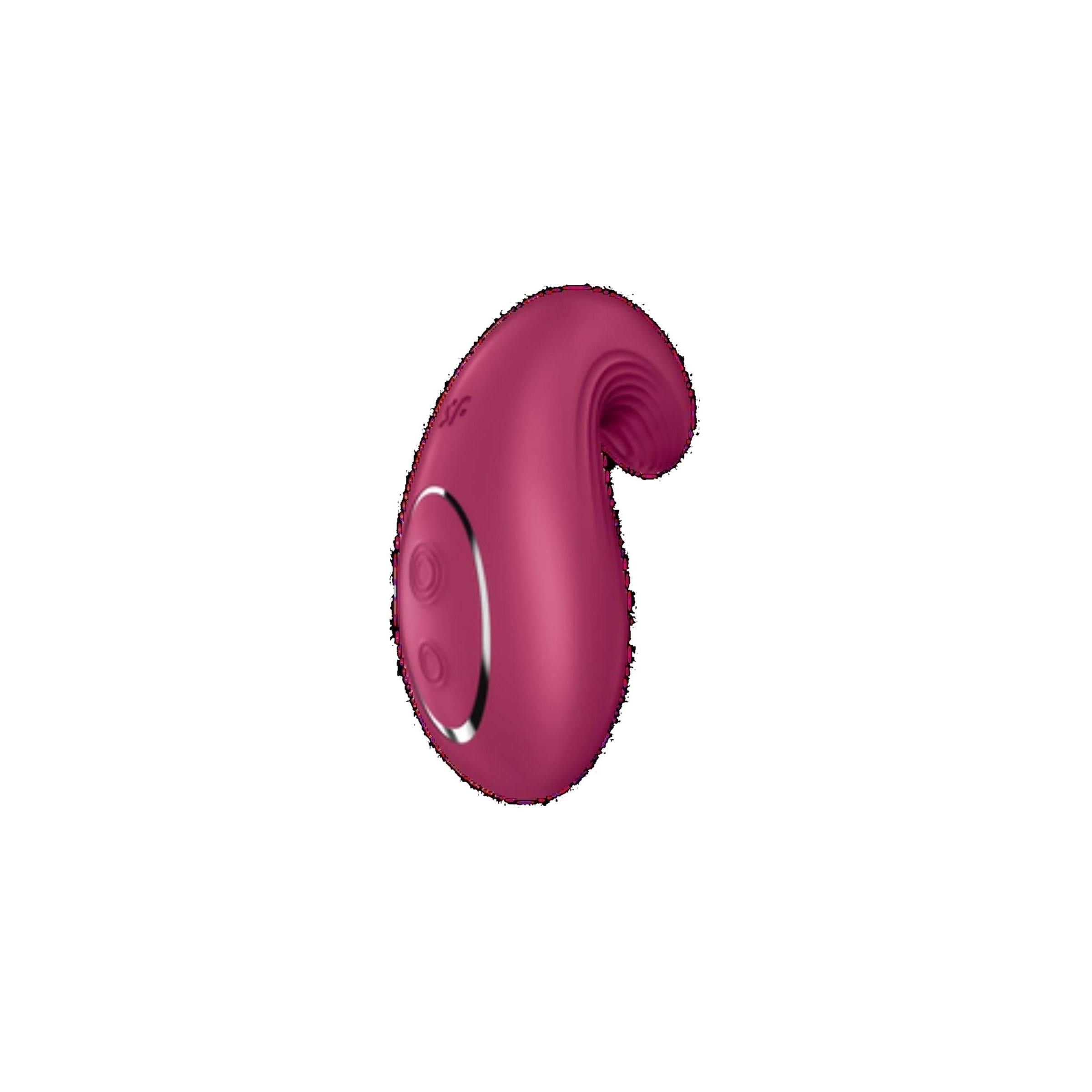 Burgunderfarbener Vibrator mit zwei Knöpfen und einer geschwungenen Form. Silberfarbener Ring um die Knöpfe.