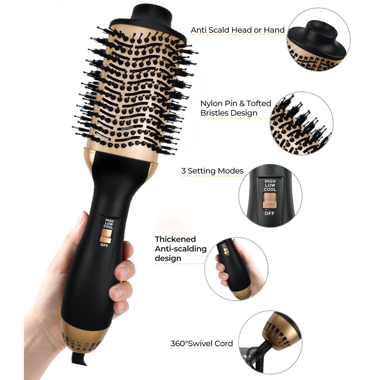 Haarstylingbürste mit Details. Schwarzer Griff, goldene Akzente. Funktionen: 3 Modi, Anti-Verbrühungs-Design, drehbares Kabel.