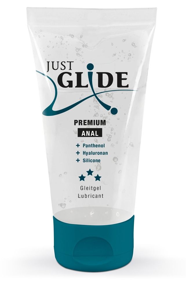 Tube mit blauem Deckel. Aufschrift: Just Glide Premium Anal. Enthält Panthenol, Hyaluronan, Silikon. Medizinische Gleitgel. Transparentes Gel.
