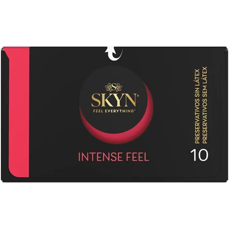 Schwarze Verpackung mit rotem Akzent und Produktlogo. Enthält 10 Stück. Text: 'Intense Feel' und 'ohne Latex'.