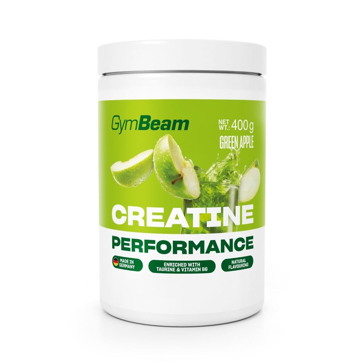 GymBeam Kreatin Performance Monohydrat Pulver in grünem Apfelgeschmack, 400g Dose. Mit Taurin & Vitamin B6.