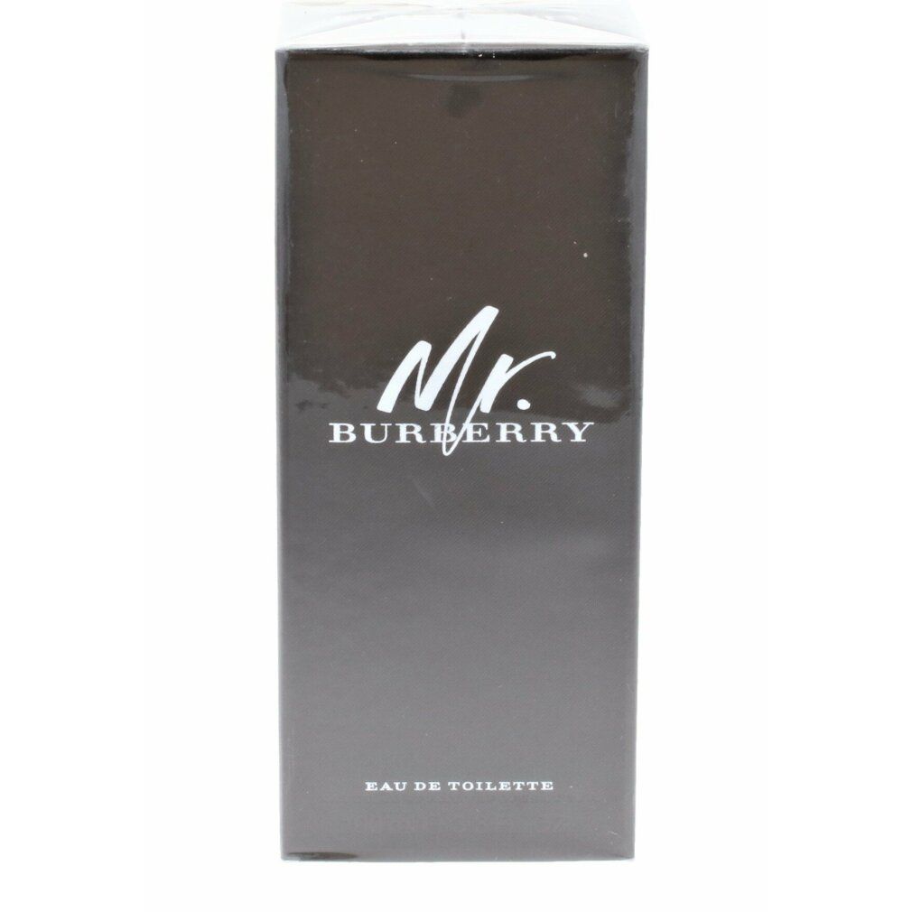 Dunkelbraune Verpackung mit weißem "Mr. BURBERRY"-Logo. Unter dem Logo steht "EAU DE TOILETTE".