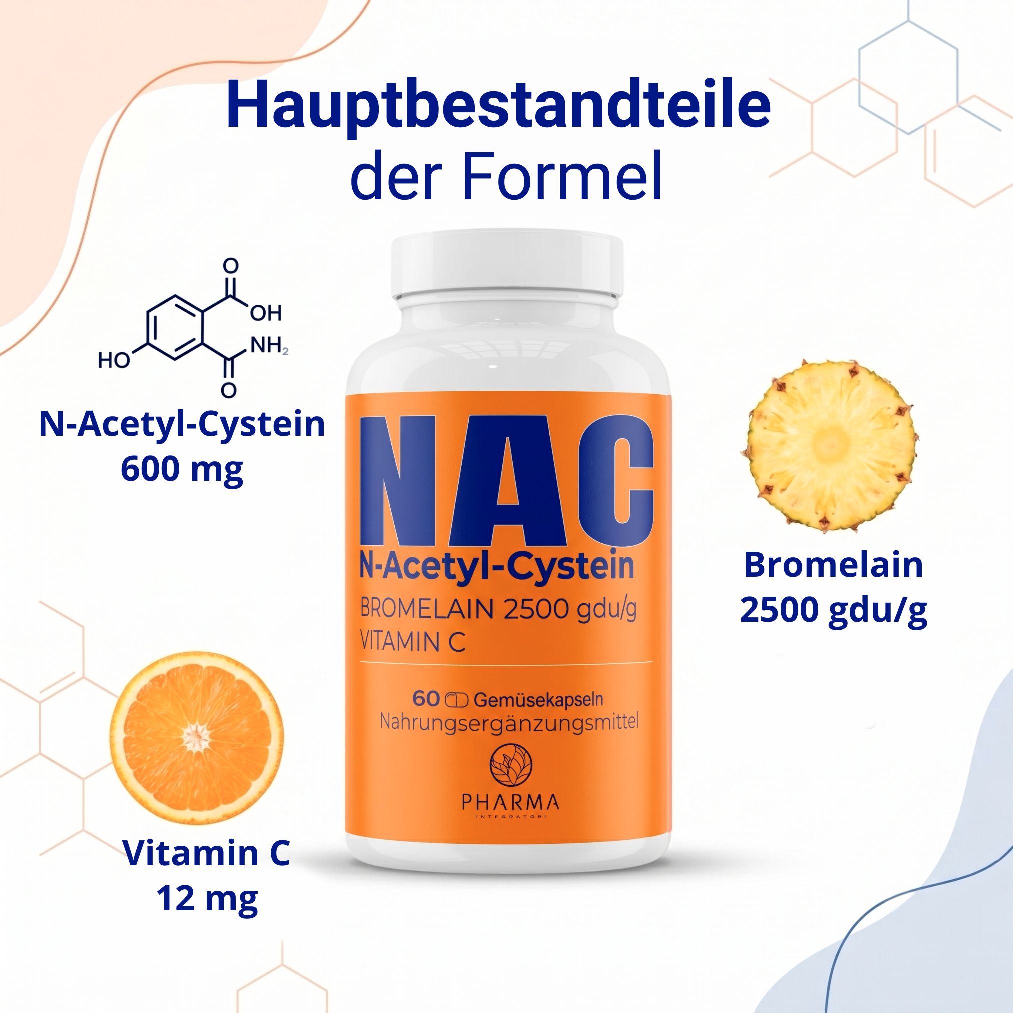 NAC N-Acetylcystein Dose mit Darstellungen von N-Acetyl-Cystein, Bromelain und Vitamin C.
