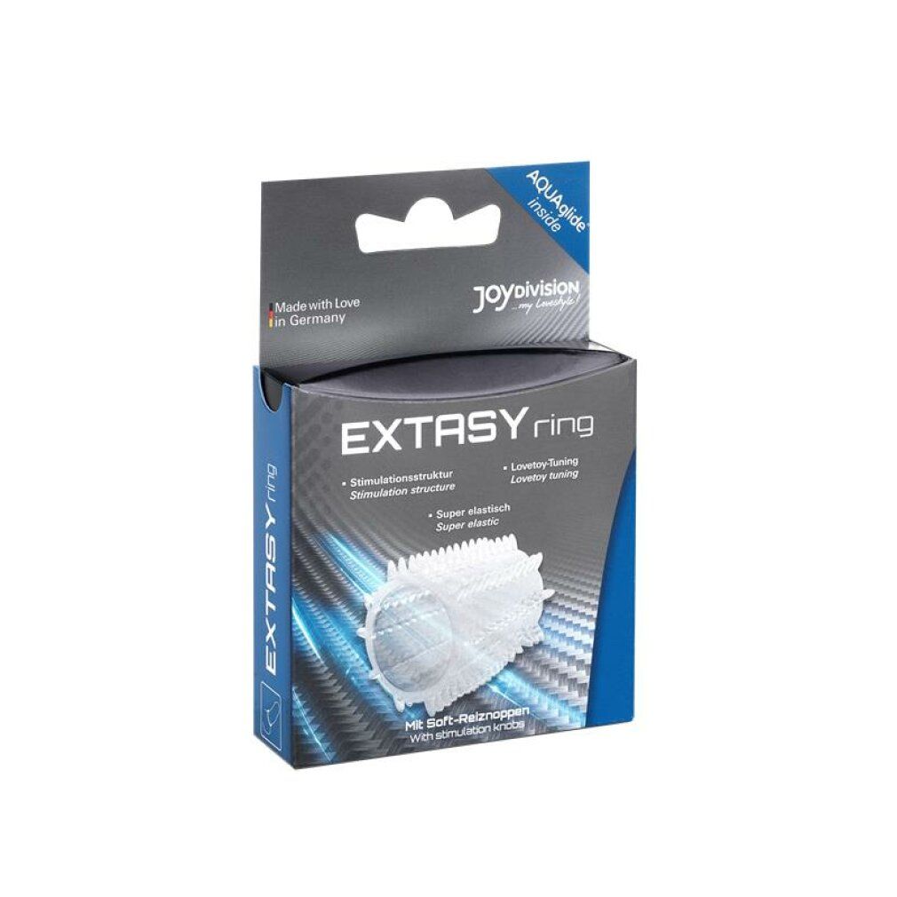 Verpackung mit transparentem EXTASYring. Produktname und Marke sichtbar. Text: Stimulationsstruktur, Super elastisch, Lovetoy-Tuning.
