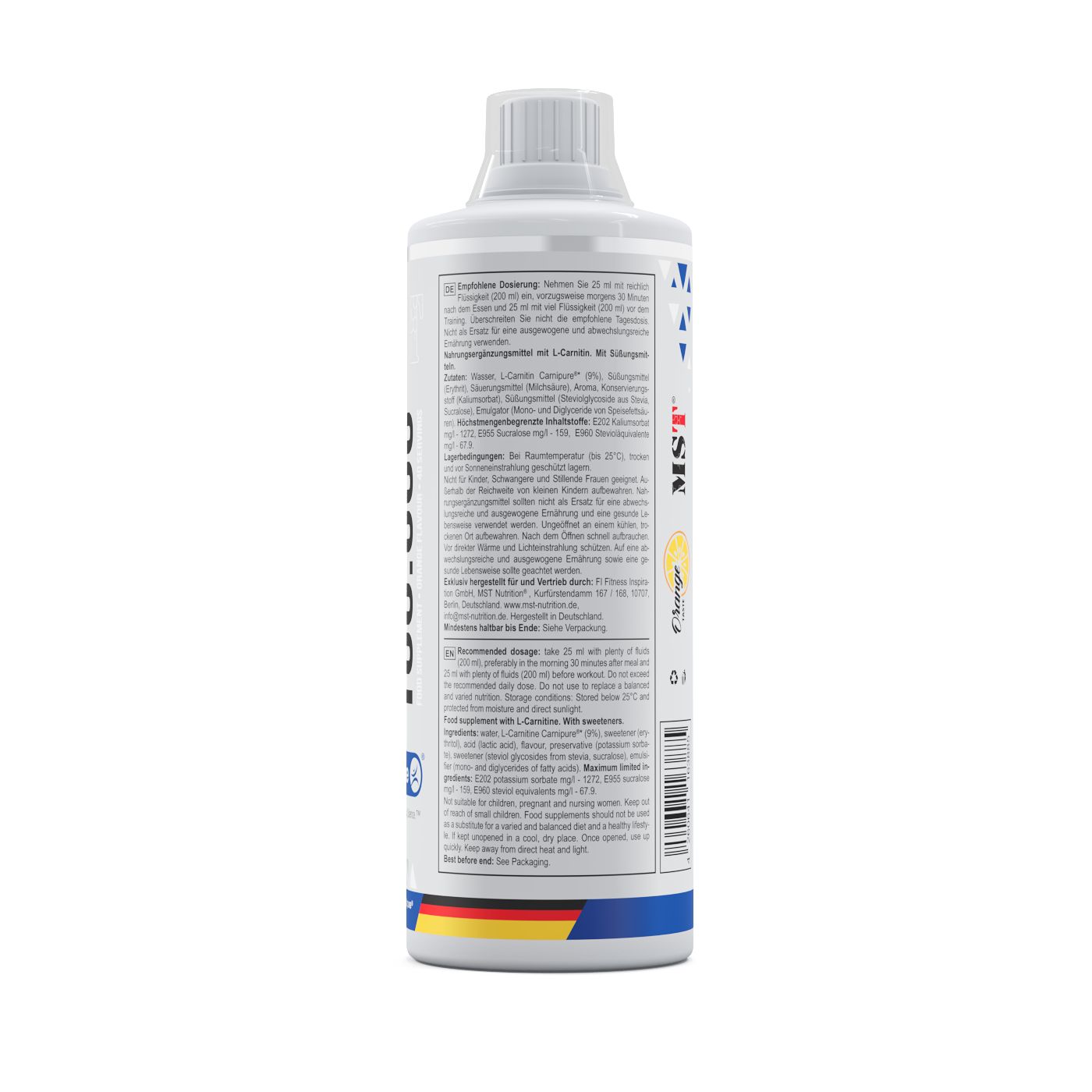 Rückseite einer weißen Flasche mit detaillierten Inhaltsstoffen und Anwendungshinweisen für L-Carnitin.