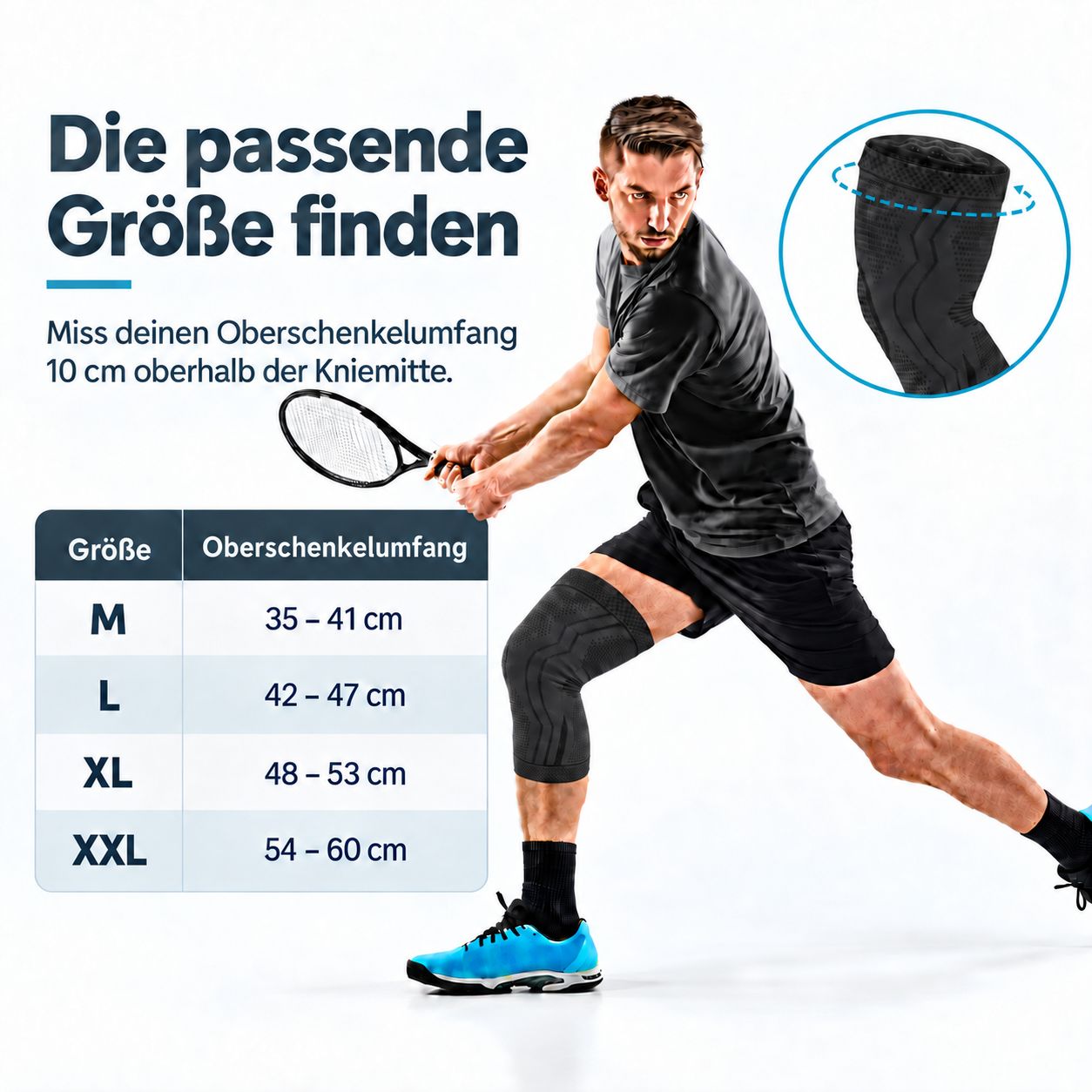 Mann beim Tennis mit Kniebandage. Größentabelle für AGILE NOW Kniebandage Performance Up: Oberschenkelumfang 10 cm über dem Knie messen.