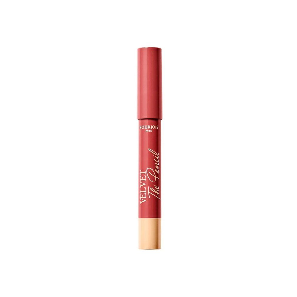 Lippenstiftstift. Rotbraune Farbe. Aufschrift: Bourjois Paris, Velvet The Pencil. Unterteil beige.