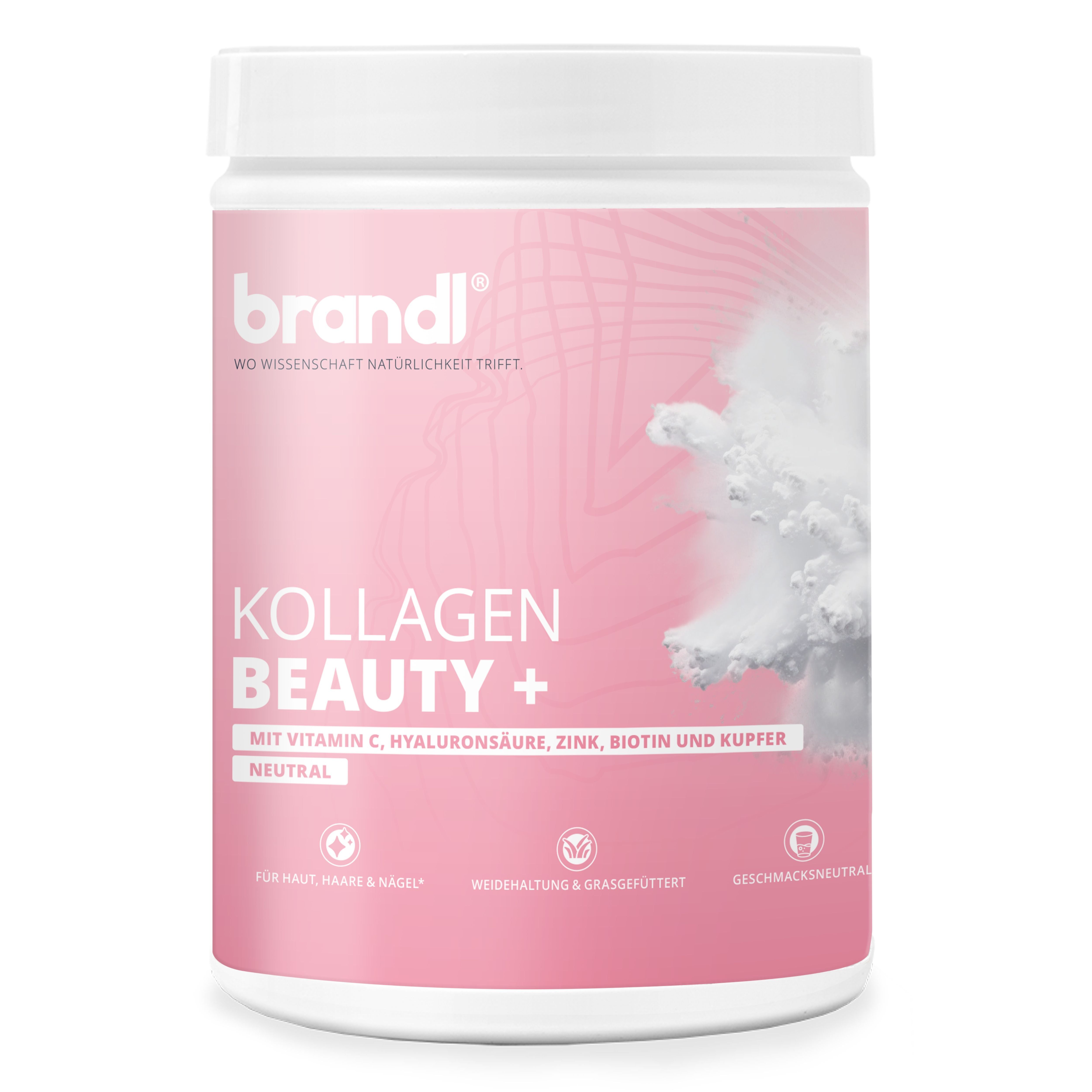 Weißes Produktglas "brandl® Kollagen Beauty +". Text: Mit Vitamin C, Hyaluronsäure, Zink, Biotin und Kupfer. Neutral. Für Haut & Haare.