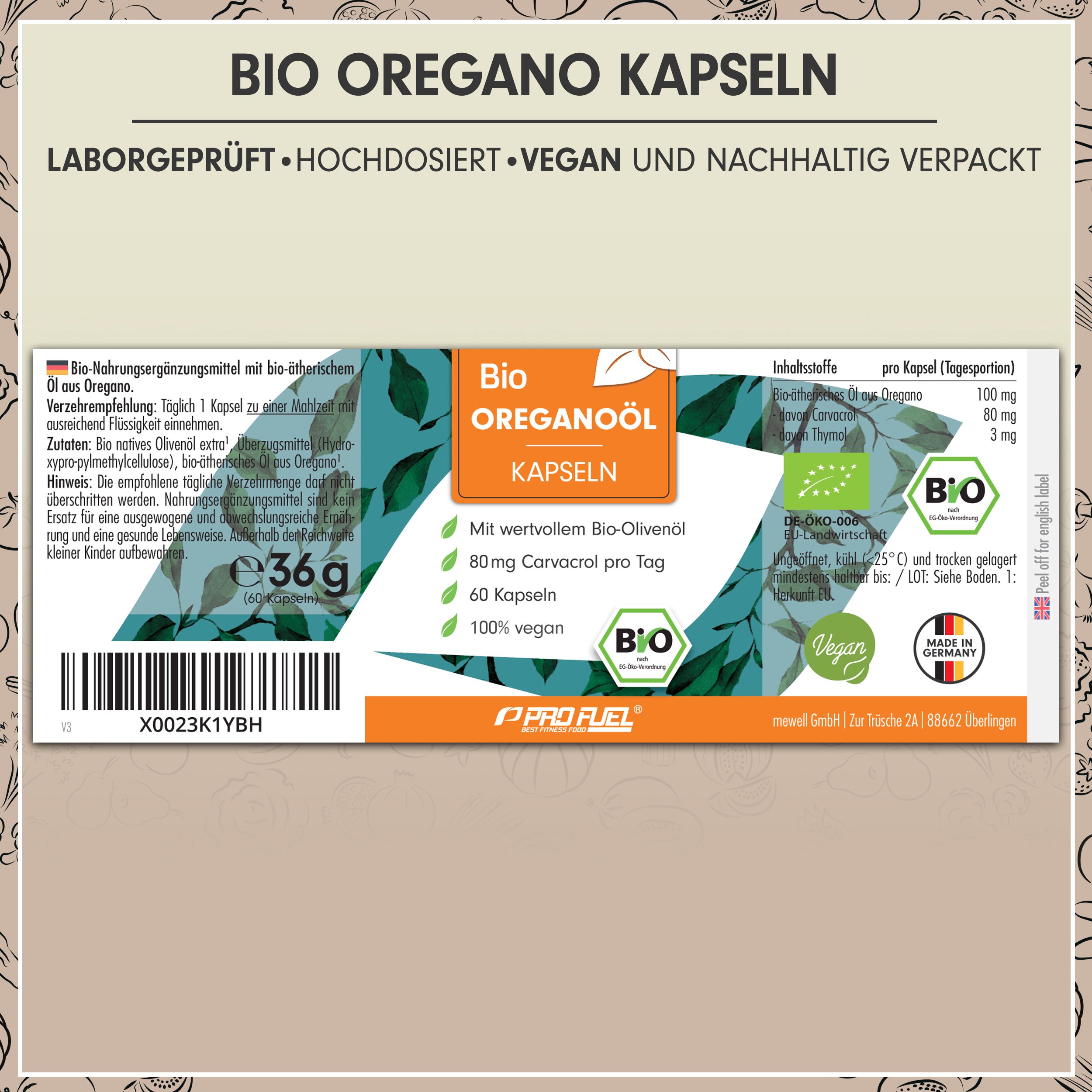 Produktetikett 'Bio Oreganoöl Kapseln'. Enthält Informationen zu Inhaltsstoffen, Dosierung, Bio-Siegel, und 'ProFuel' Logo.