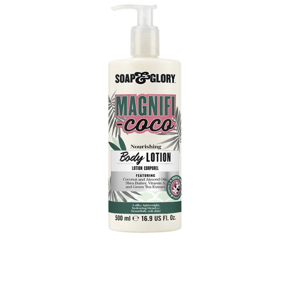 Flasche Body Lotion mit Pumpverschluss. Aufschrift: Magnifi-Coco, Body Lotion. Enthält Kokosnuss- und Mandelöle, Sheabutter, Vitamin A und Grüntee-Extrakt.
