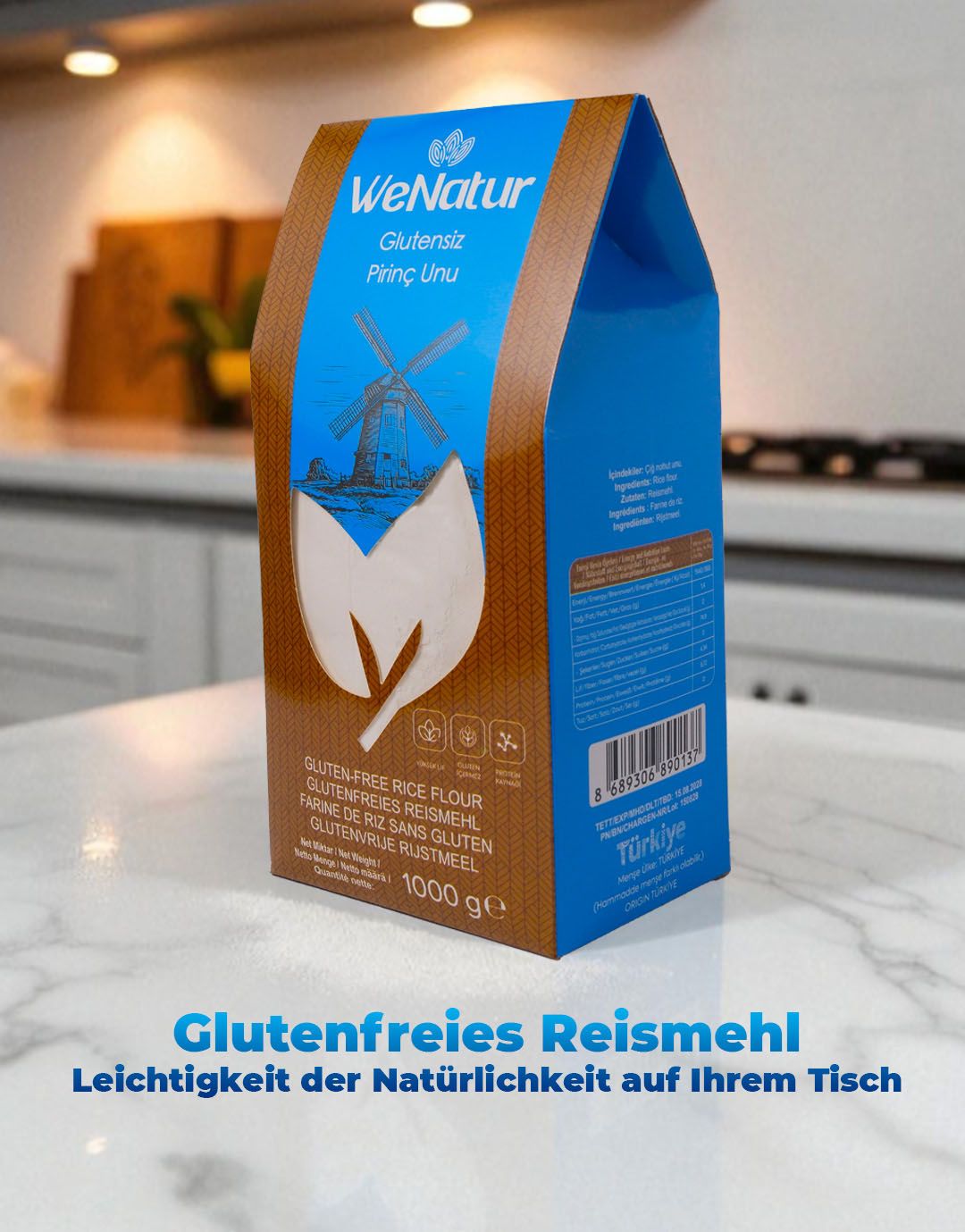 WeNatur glutenfreies Reismehl, 1000g Packung in einer Küchenumgebung.
