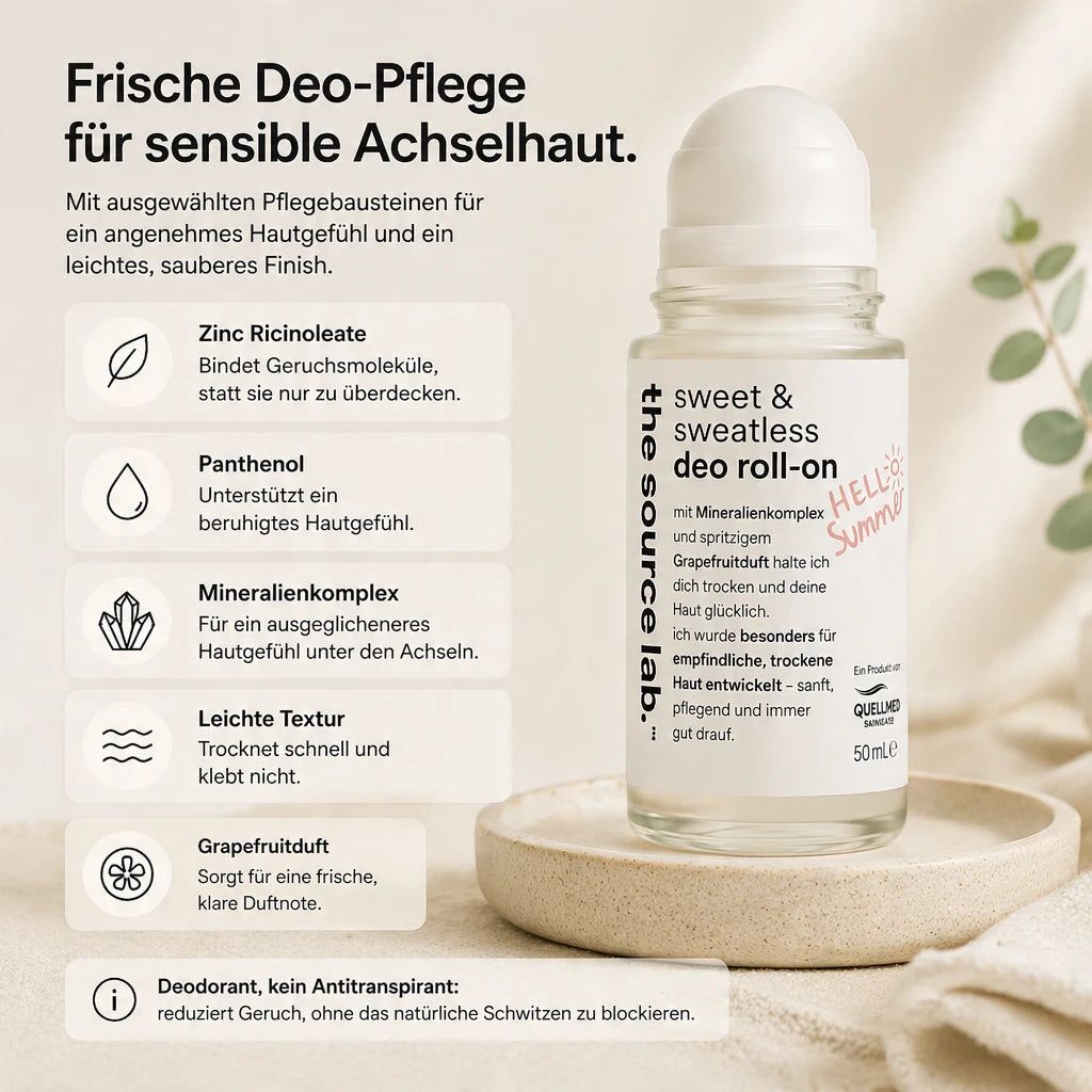Deo Roll-On mit Mineralienkomplex, Panthenol und Grapefruitduft für empfindliche Achselhaut.