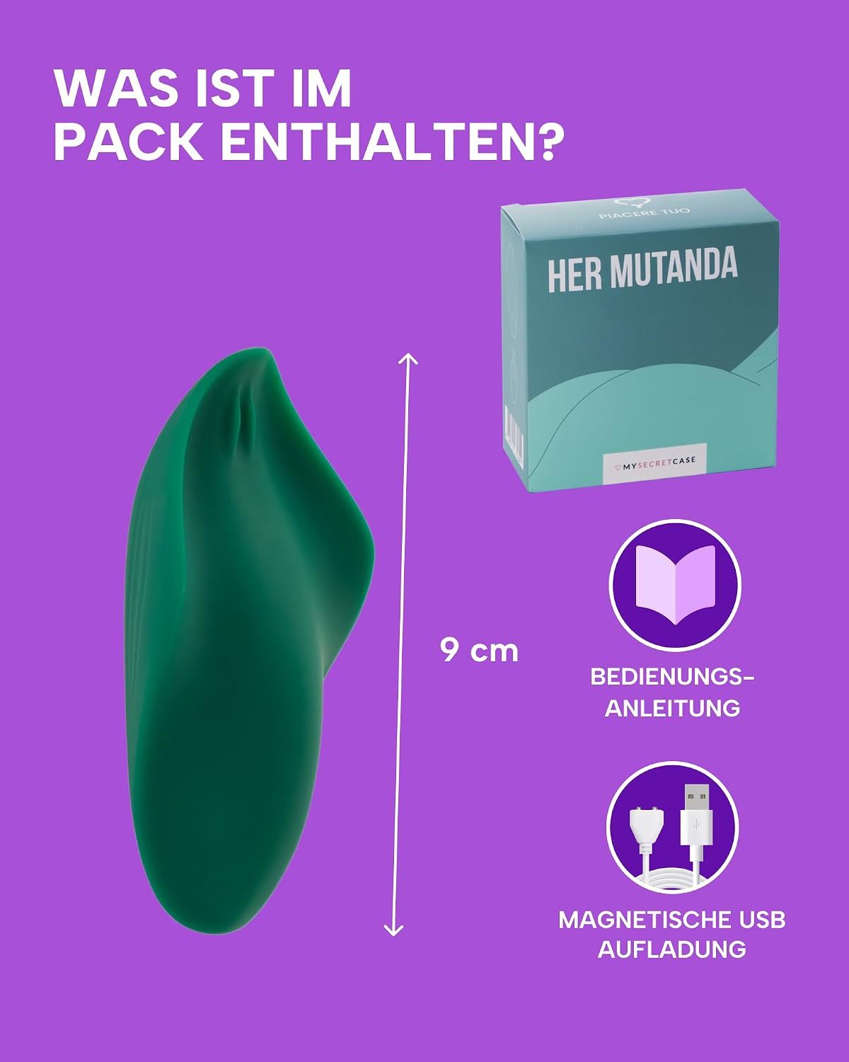 Grüner Vibrator, 9 cm lang, mit magnetischem USB-Ladekabel und Anleitung.