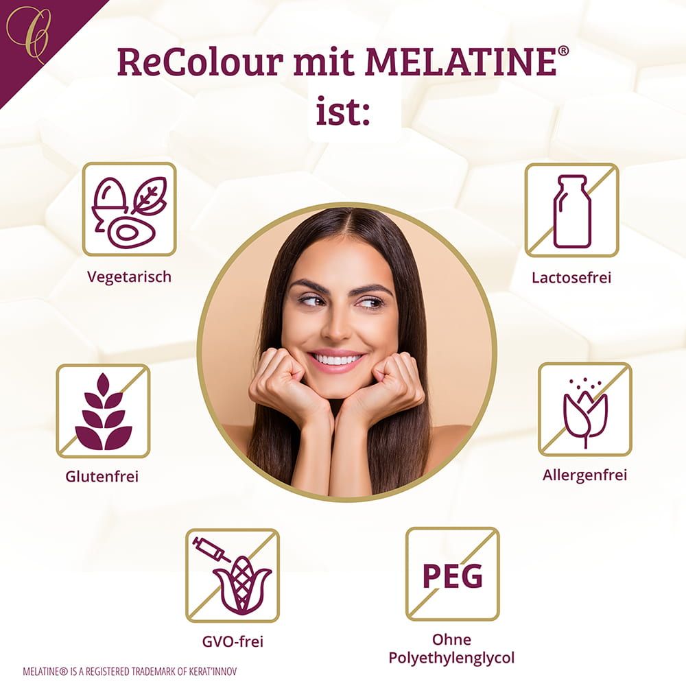 Frau mit Produkt-Icons. Icons: vegetarisch, laktosefrei, glutenfrei, allergenfrei, GVO-frei, ohne PEG.