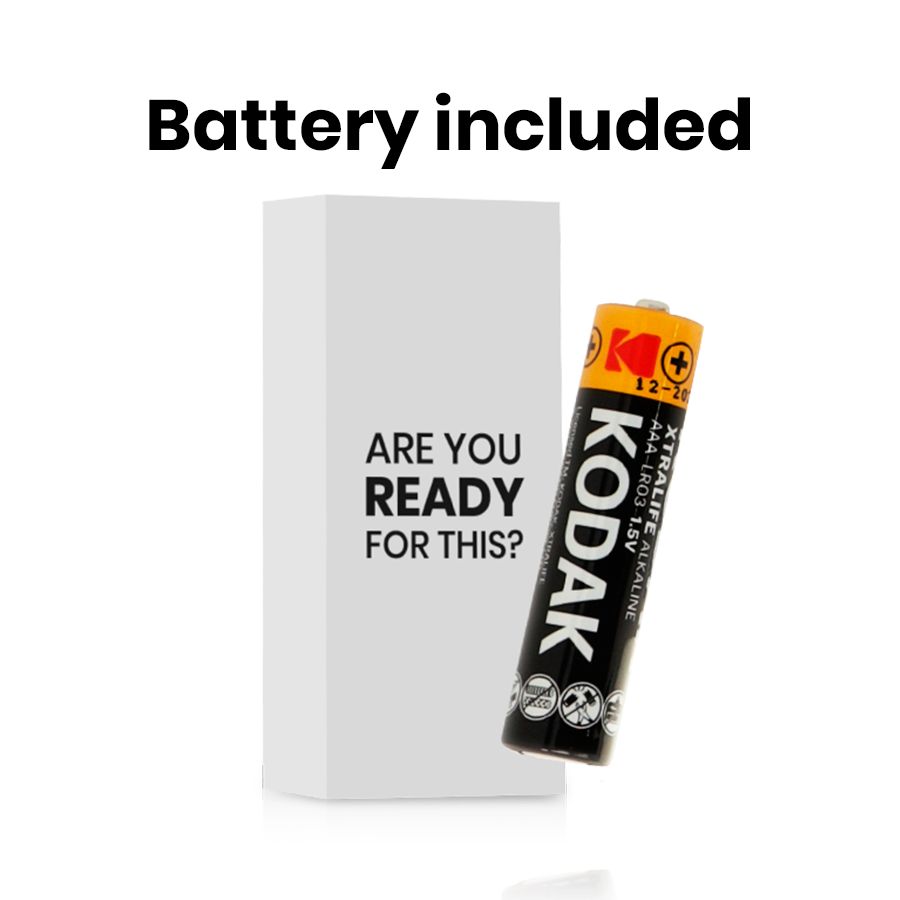 Verpackung und AAA-Batterie. Text: 'Battery included'.
