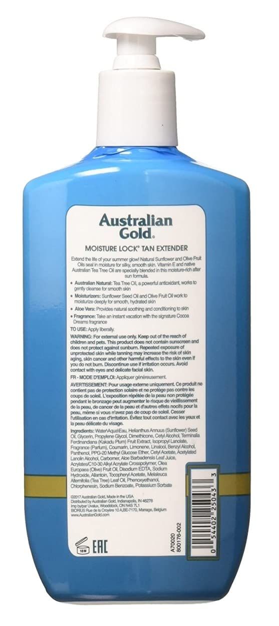 Rückseite einer blau-türkisfarbenen Flasche mit Pumpe. Text: Moisture Lock Tan Extender. Marke: Australian Gold. Inhaltsstoffe und Anwendungshinweise.