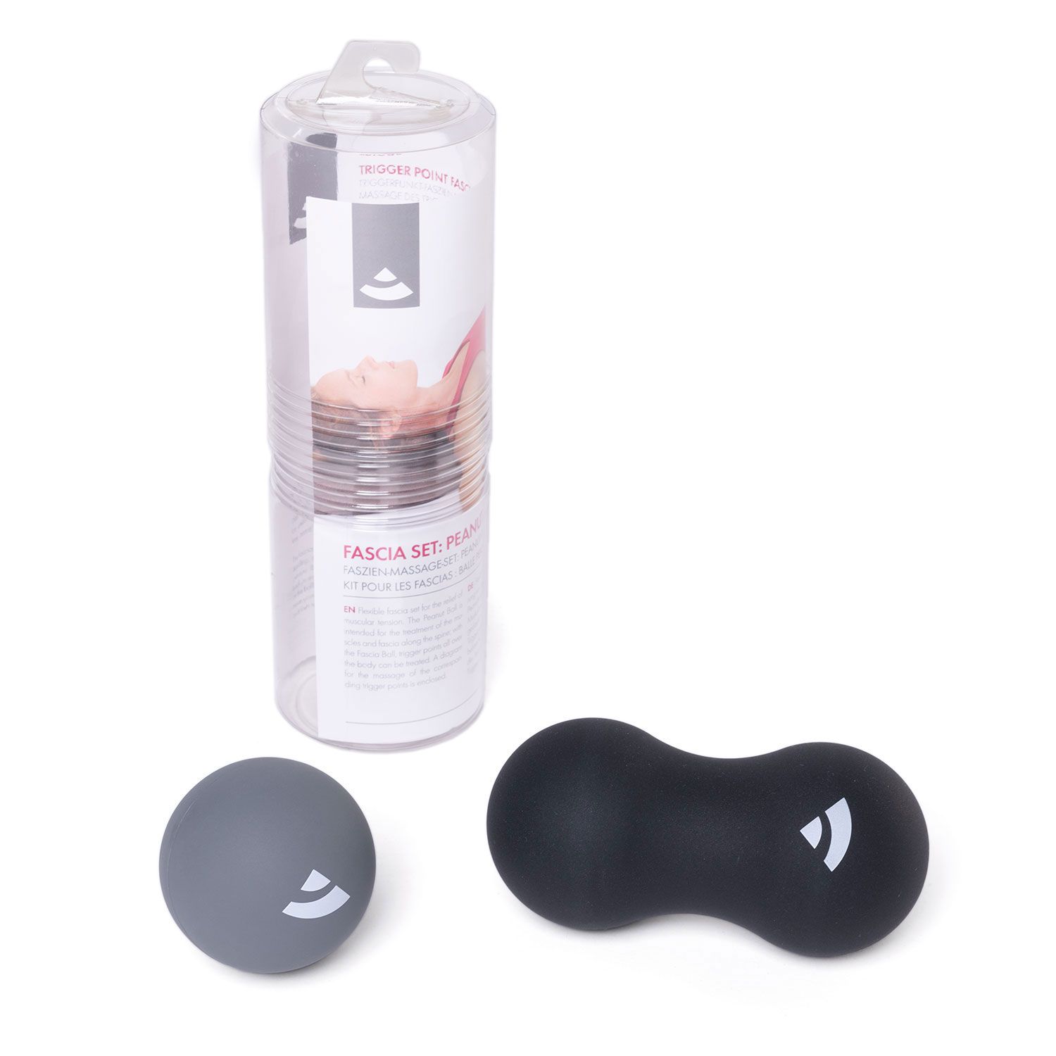 Grauer Massageball, schwarze Erdnuss-Rolle und transparente Verpackung. Aufdruck: Faszien-Set, Peanut Ball & Massageball.